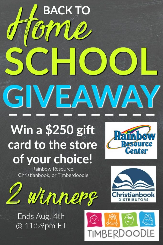 Back to Homeschool Giveaway. 2 winners of $250 gift cards to Rainbow Resource Center, ChristianBook.com, or Timberdoodle