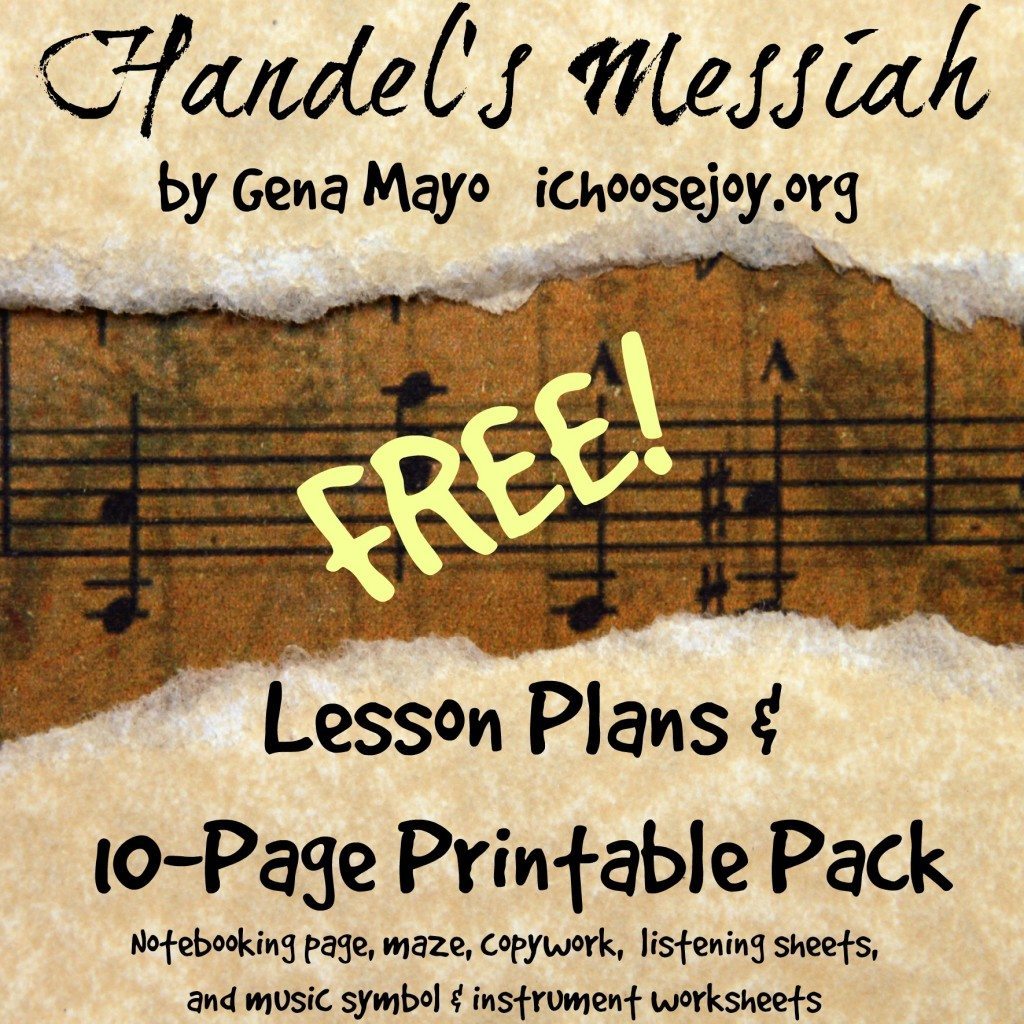 Handel's Messiah Printable Pack ~ Get this free 10-page music education printable pack with lesson plans, notebooking pages, copywork, listening sheets and a music symbol/instrument sheet. #musicinourhomeschool #homeschoolmusic #musicprintables #musiceducation