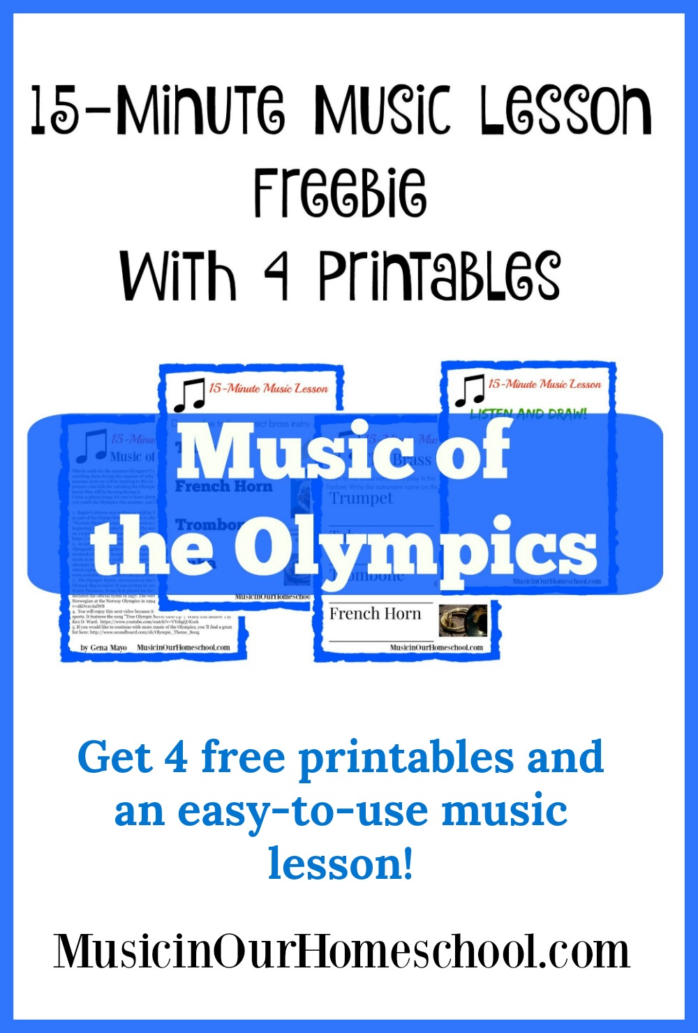 Get this free 15-Minute Music Lesson for music of the Olympics. #musicinourhomeschool #homeschoolmusic #elementarymusic #musiclessonsforkids