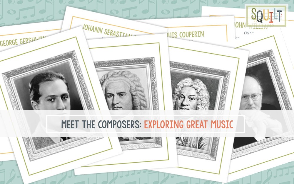 Meet the Composers from SQUILT is a great way to do composer study with your kids. Includes flash cards and links to music to listen to. #musiceducation #composerstudy #homeschoolmusic #musiced #elementarymusic #musicinourhomeschool