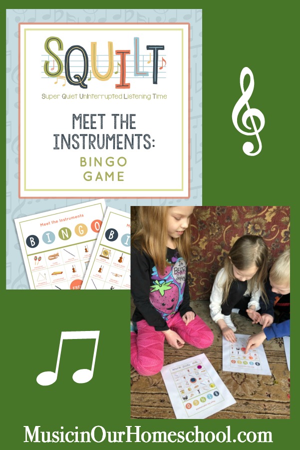 Meet the Instruments Bingo is from SQUILT (Super Quiet UnInterrupted Listening Time) and is perfect for kids to learn how instruments look and sound! From Music in Our Homeschool #musicgames #musiclessonsforkids #elementarymusic #musicteacher #musicinourhomeschool #musicbingo