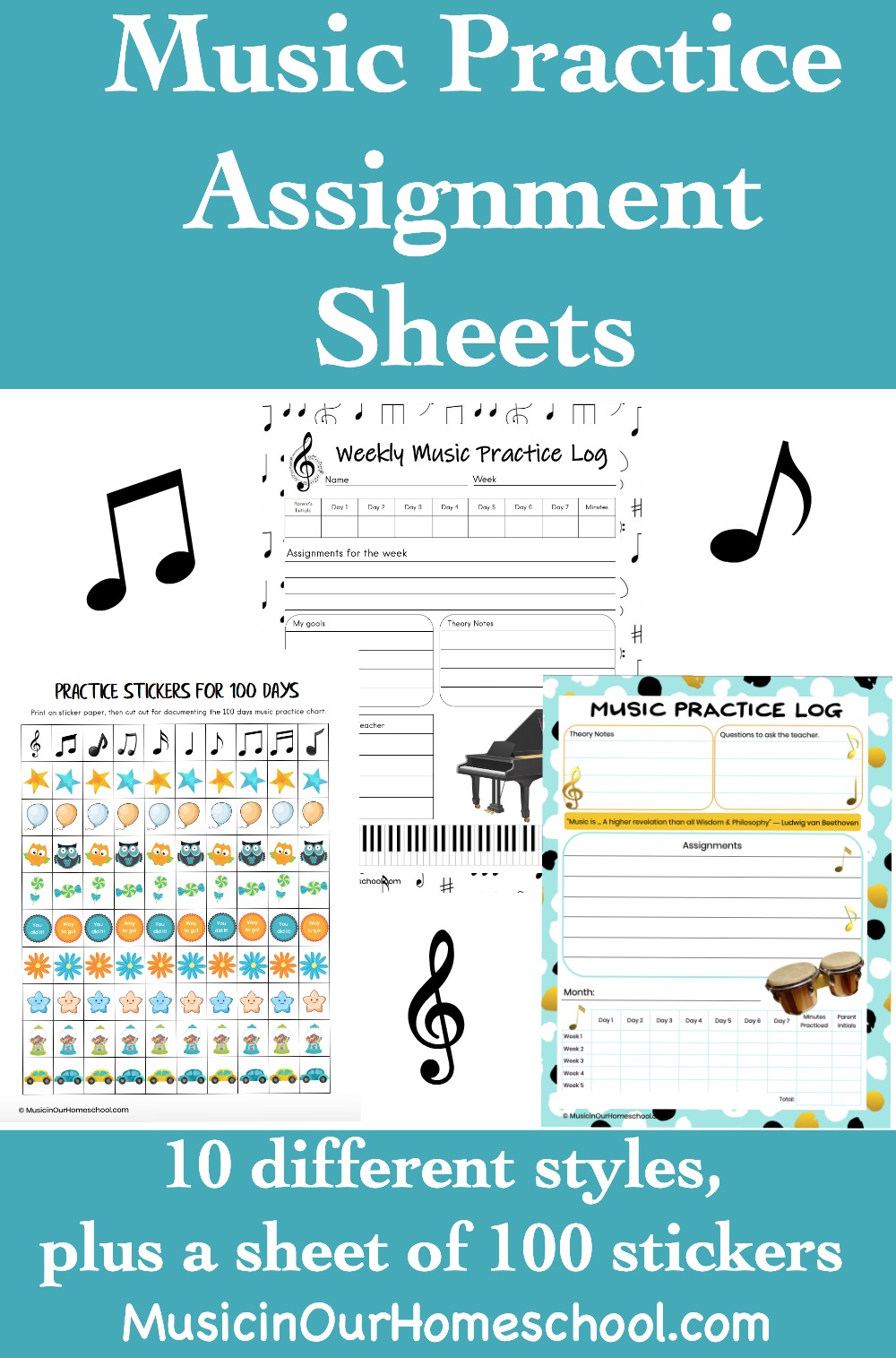 Find 10 beautiful and classy music practice assignment sheets that you can use to get your kids motivated to practice their instruments. The choices include monthly, weekly, and even a 100-day practice chart with a set of stickers to print for it. #musiclessons #musiclessonsforkids #instrumentpractice #pianolessons #musicprintables #ichoosejoyblog #musicinourhomeschool