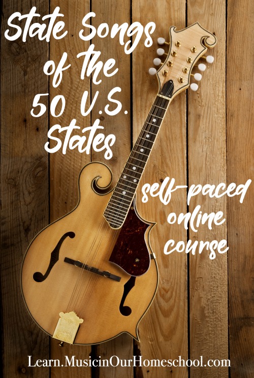 "State Songs of the 50 U.S. States" online course from Music in Our Homeschool is the perfect way to combine geography and music education in your homeschool, classroom, or homeschool co-op. Click through to see a free preview lesson. #musiccourse #elementarymusic #musiceducation #musiclessonsforkids #musicinourhomeschool