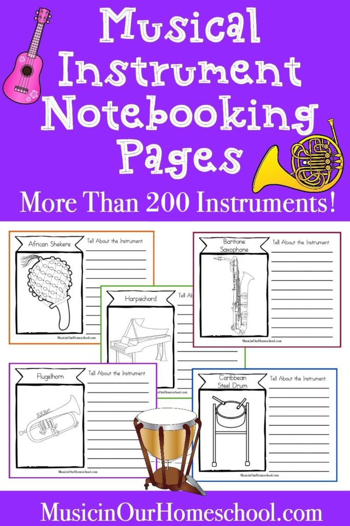 There are more than 215 different instruments in the Musical Instruments Notebooking Pages set! Use these for music education in your homeschool or classroom. One side has a black and white drawing of the musical instrument and the other side has lines for writing about the instrument, style, instrument family, and/or performers who play that instrument. #musicinourhomeschool #elementarymusic #musiclessonsforkids #homeschoolmusic
