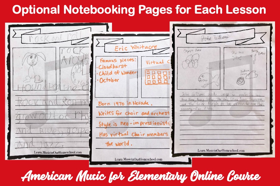 "American Music for Elementary" is a click-and-go, easy-to-use online course for elementary students. Use the course in your homeschool, homeschool co-op, school classroom, music classroom, and more! Engaging, includes videos, notebooking pages, online quizzes, and 36 lessons!
