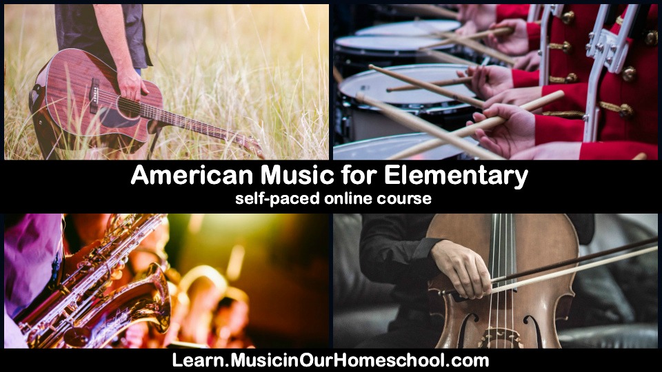 "American Music for Elementary" is a click-and-go, easy-to-use online course for elementary students. Use the course in your homeschool, homeschool co-op, school classroom, music classroom, and more! Engaging, includes videos, notebooking pages, online quizzes, and 36 lessons!