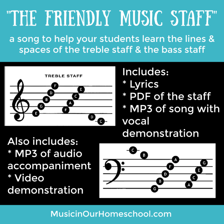 "The Friendly Music Staff" is a song to teach your students about the lines and space names of the notes of the treble and bass clef staves. 