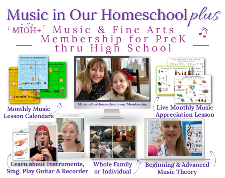 Music in Our Homeschool Plus MIOH+ mock-up with devices and printables with website