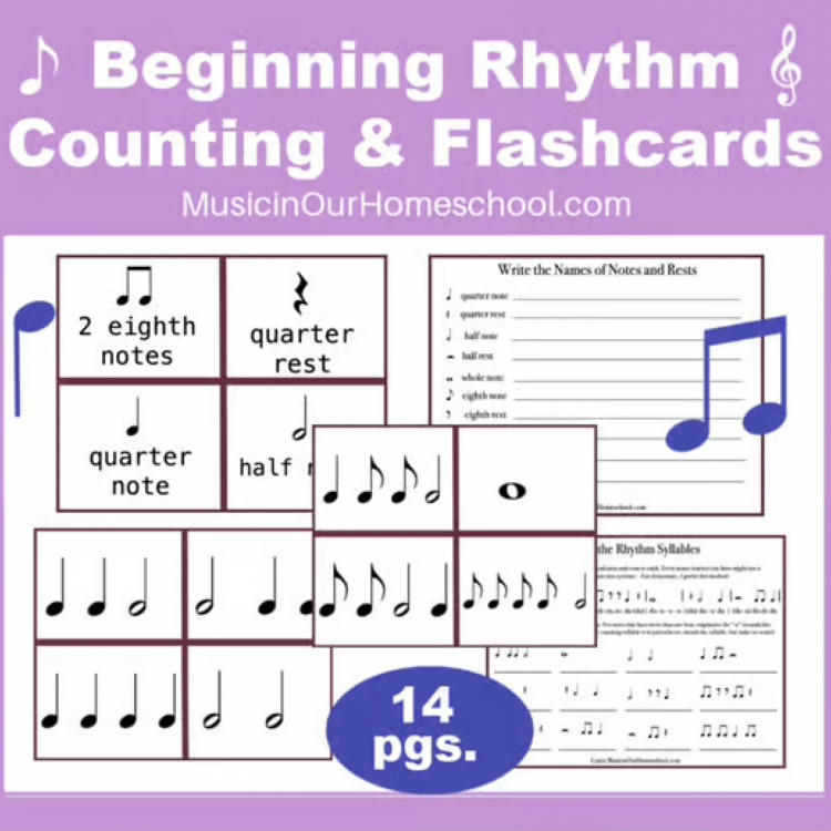 Beginning Rhythm Counting with Flashcards contains 14 pages for learning to count rhythms for beginners. Learn quarter note, quarter rest, half note, half rest, eighth note, eighth rest, 2 eighth notes, whole note, whole rest, and dotted half note.