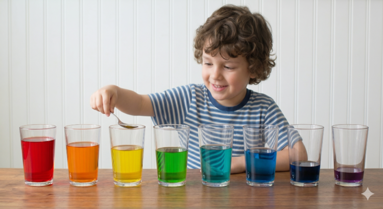 child playing water xylophone