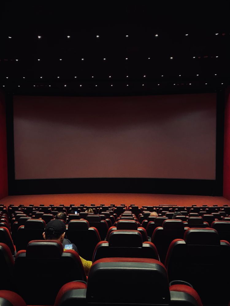 Dimly lit cinema hall with red seats and a blank screen. Minimal audience.
